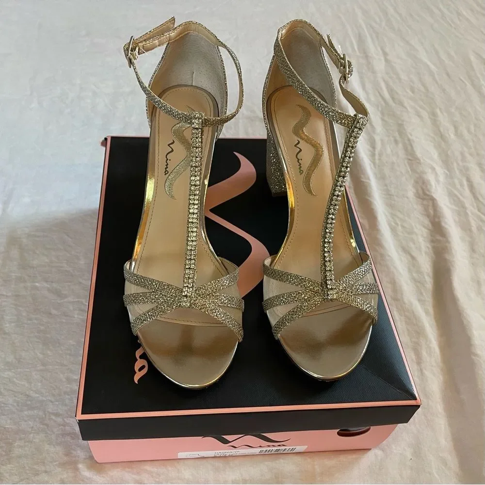 Nina Haviva Rhinestone T-Strap Heels | Gold | Size 8.5